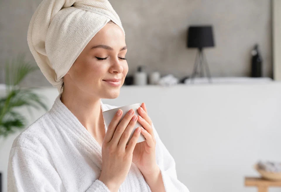 A lady in a spa sitting relaxed and holding a cup of aromatic tea